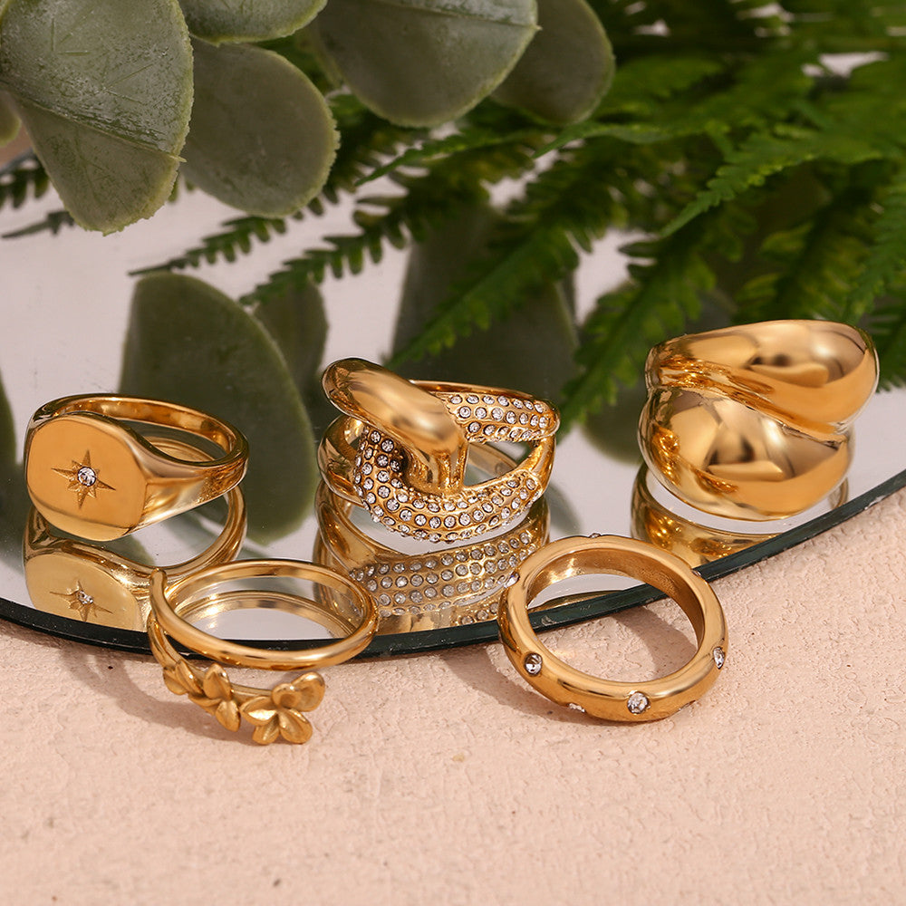 Women's 18k Gold Waterproof Double Layered Three Flower Round Cross Ring