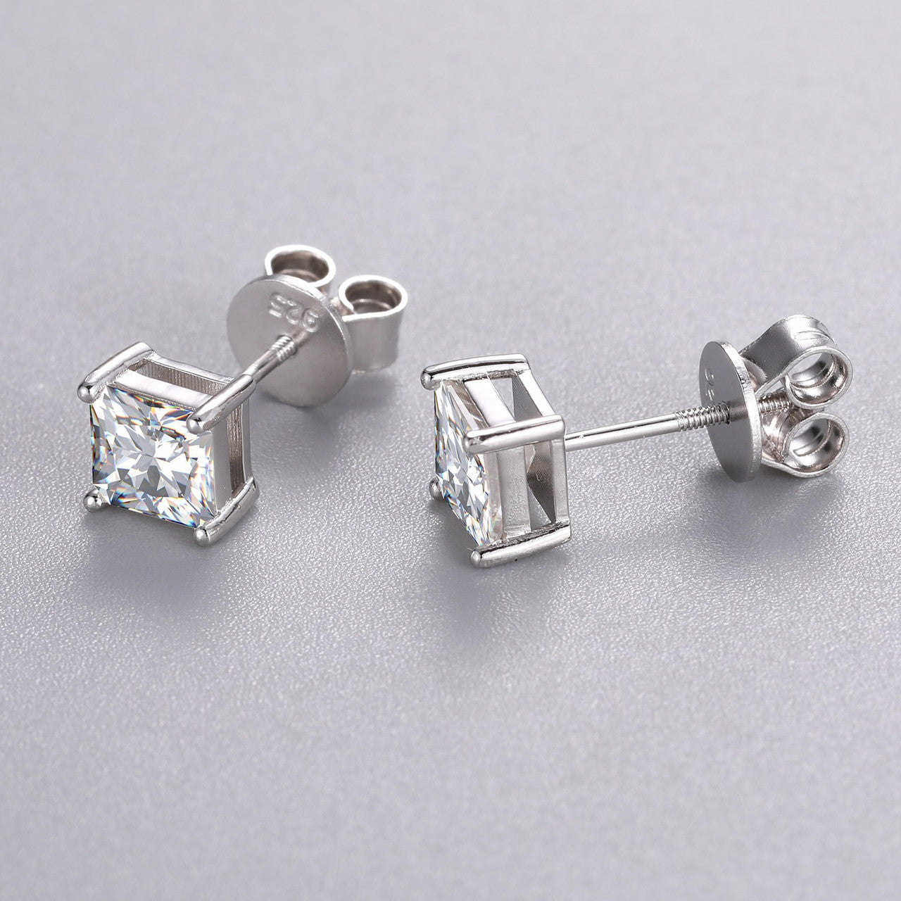 Solid Sterling Silver VVS Diamond Princess Cut 1ct Prong Set Stud Earrings