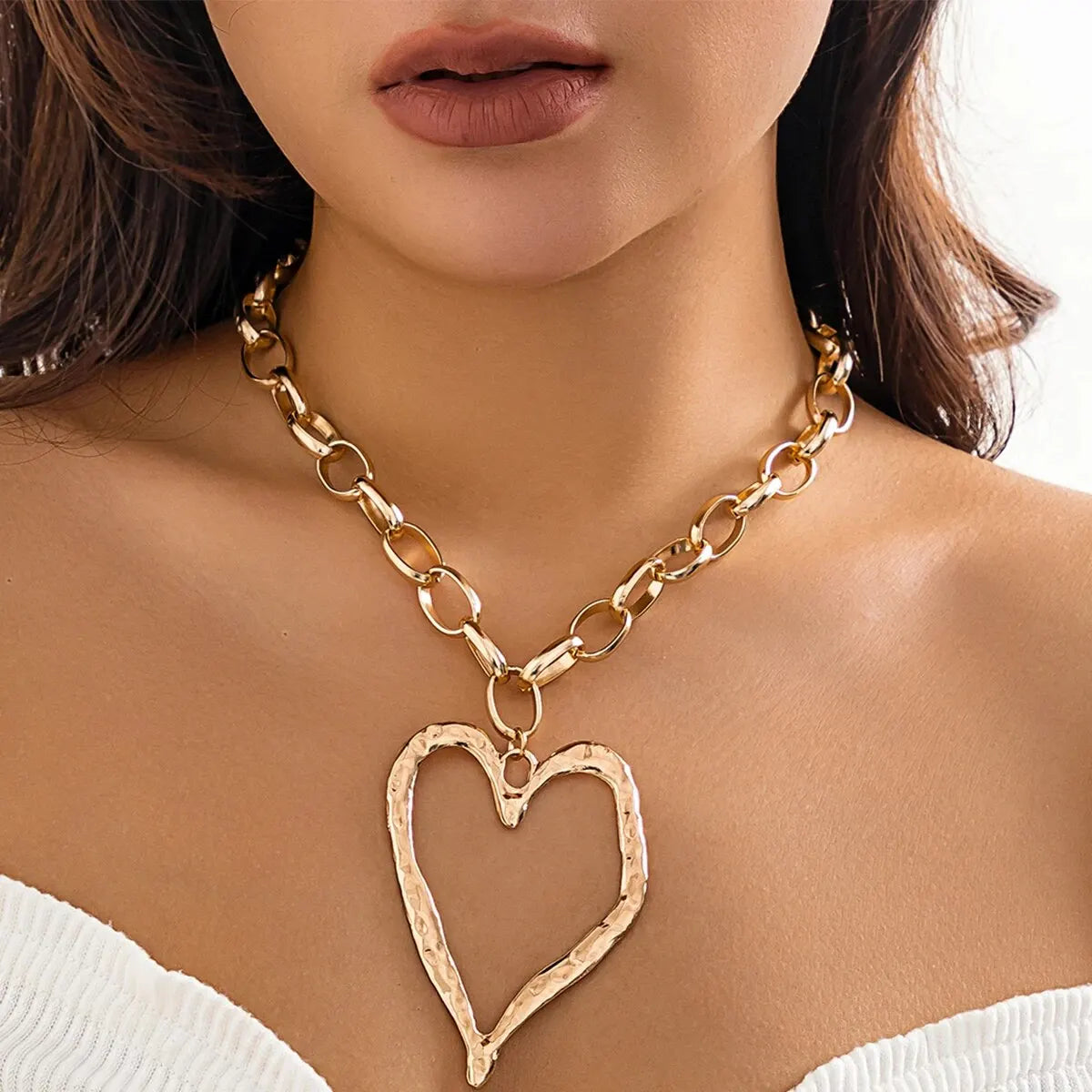 Ladies Big Heart Big Love Hip Hop Thick Rolo Link Pendant Chain Necklace