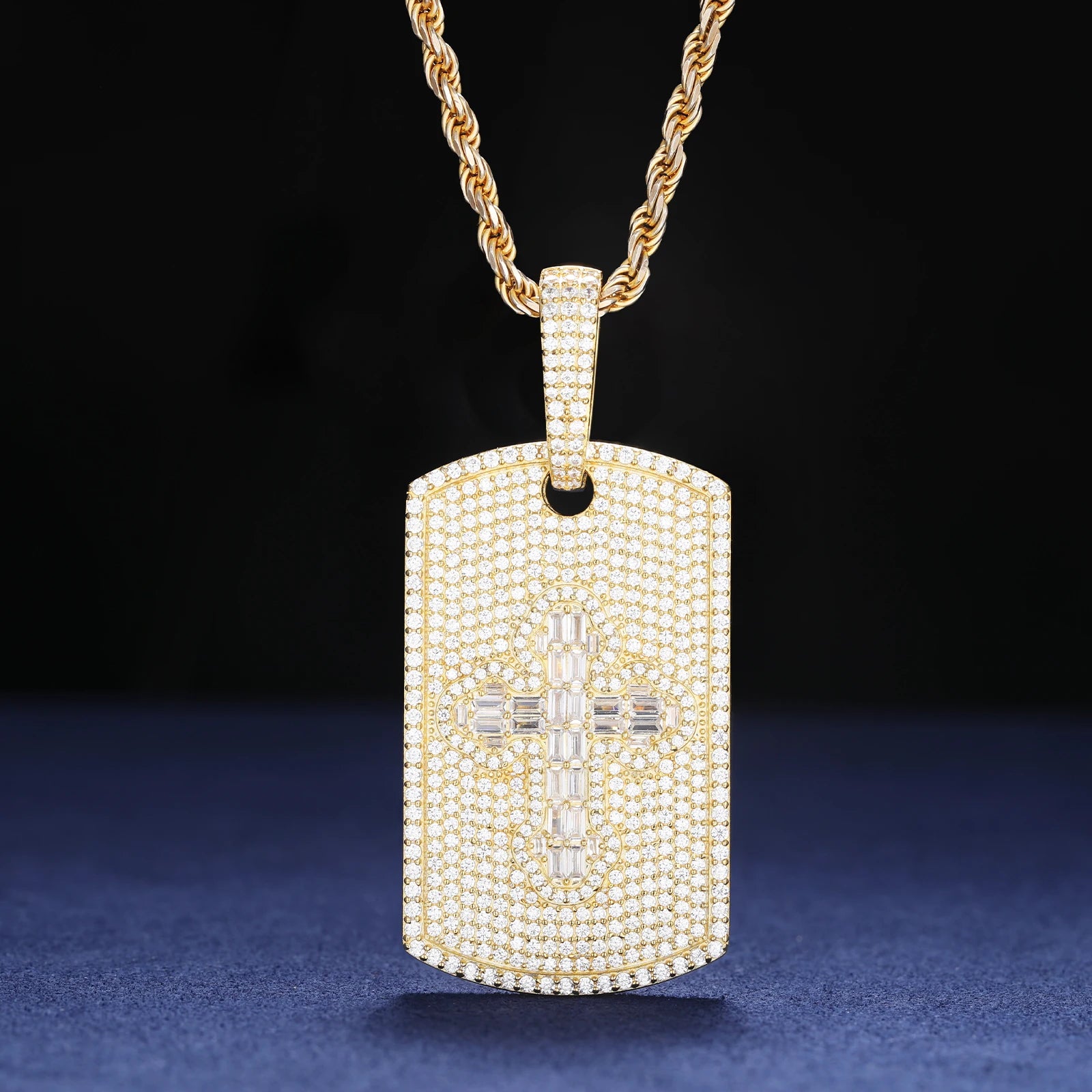 Tagged Baguette Cross | Moissanite Diamond Solid 925 Silver Hip Hop Dogtag Pendant