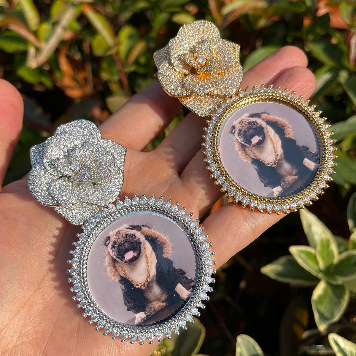 Custom Made Rose Heart Bail Prong Set Stone Photo Picture Pendant Chain Necklace