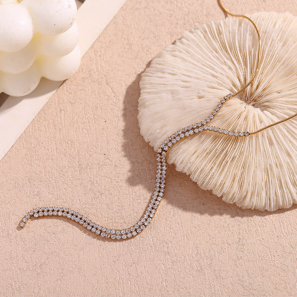 Ladies 18k Gold Stainless Steel Waterproof Snake Chain Y-shaped Zircon Flow Velocity Necklace