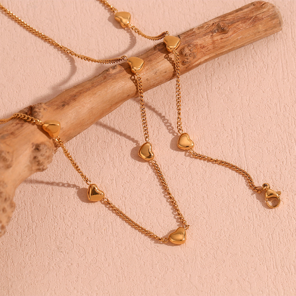 18k Gold Stainless Steel Heart Bracelet Necklace Waterproof Jewelry Set