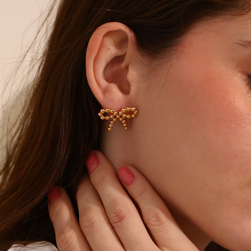 The Prize | 18k Gold Stainless Steel Waterproof Elegant Tiny Round Beads Bowknot Stud Earrings