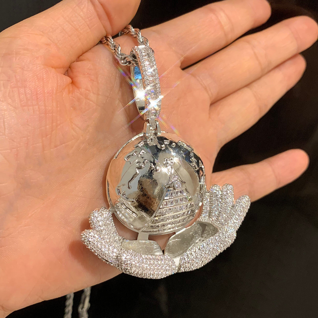 My World |  Iced Blinged Out Baguette The World In My Hands Pyramid Illumination Pendant