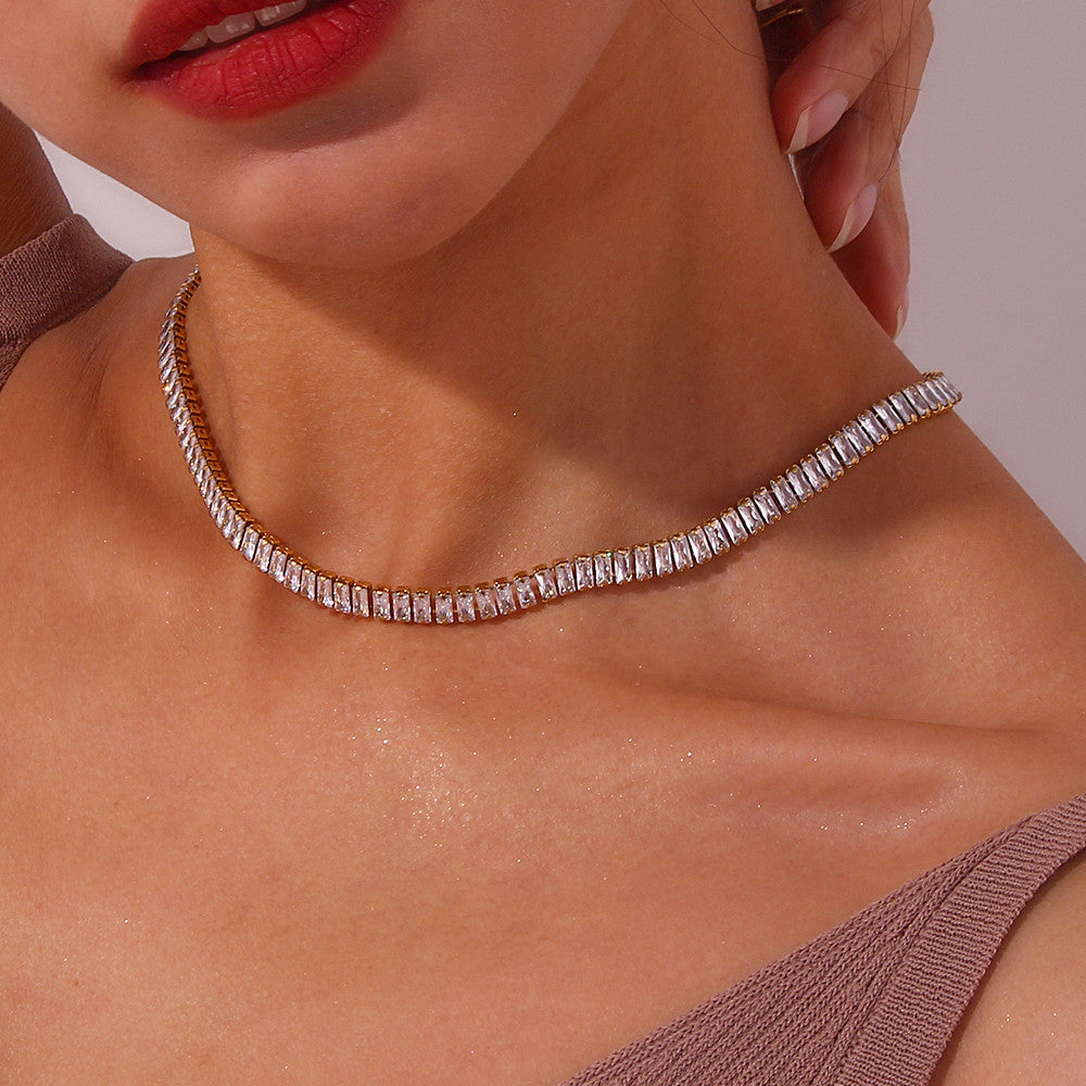 Ladies 18k Gold Waterproof Stainless Steel Bling Tennis Chain Necklace