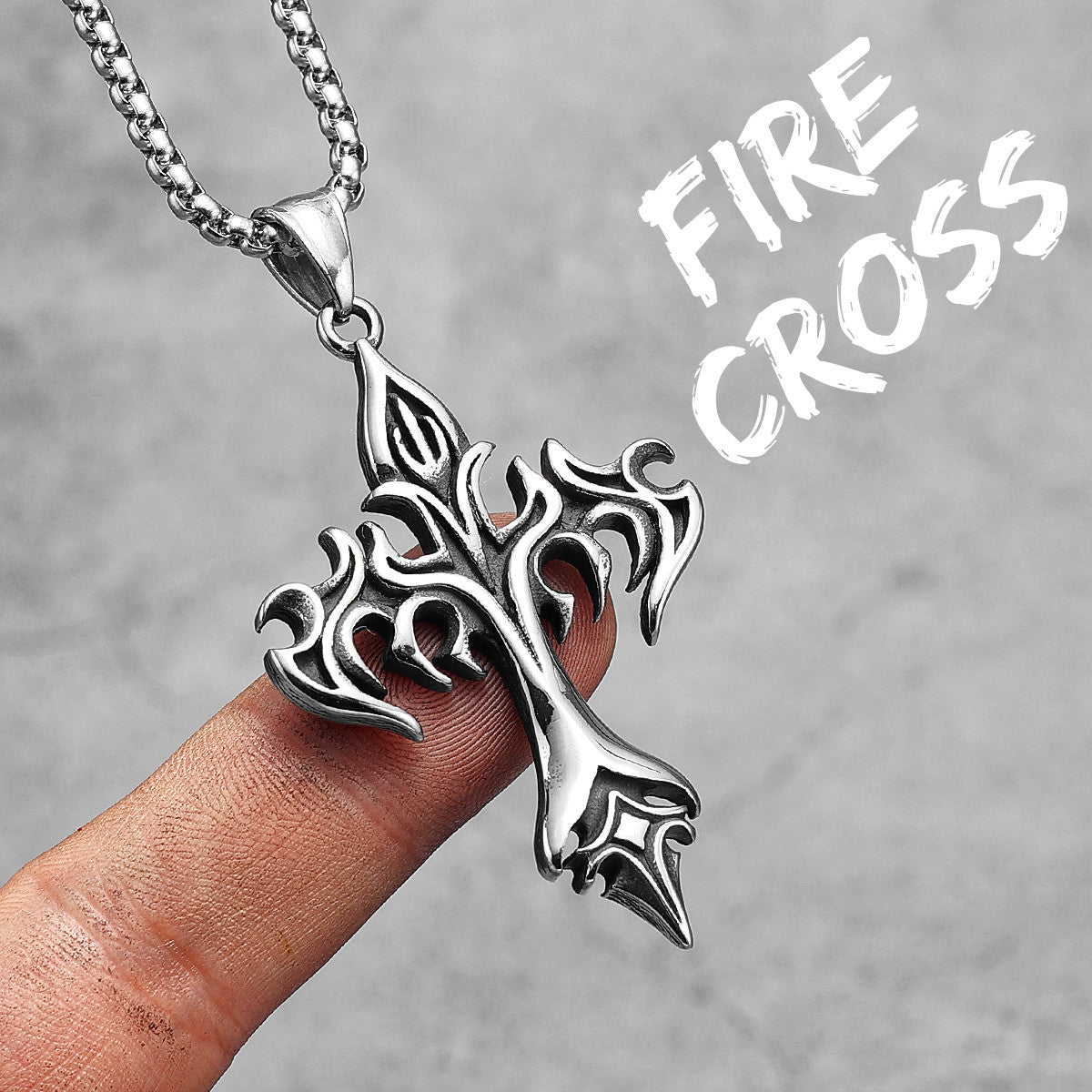 Mens Street Wear Fire Vulcan Cross No Fade Stainless Steel Pendant Chain Necklace