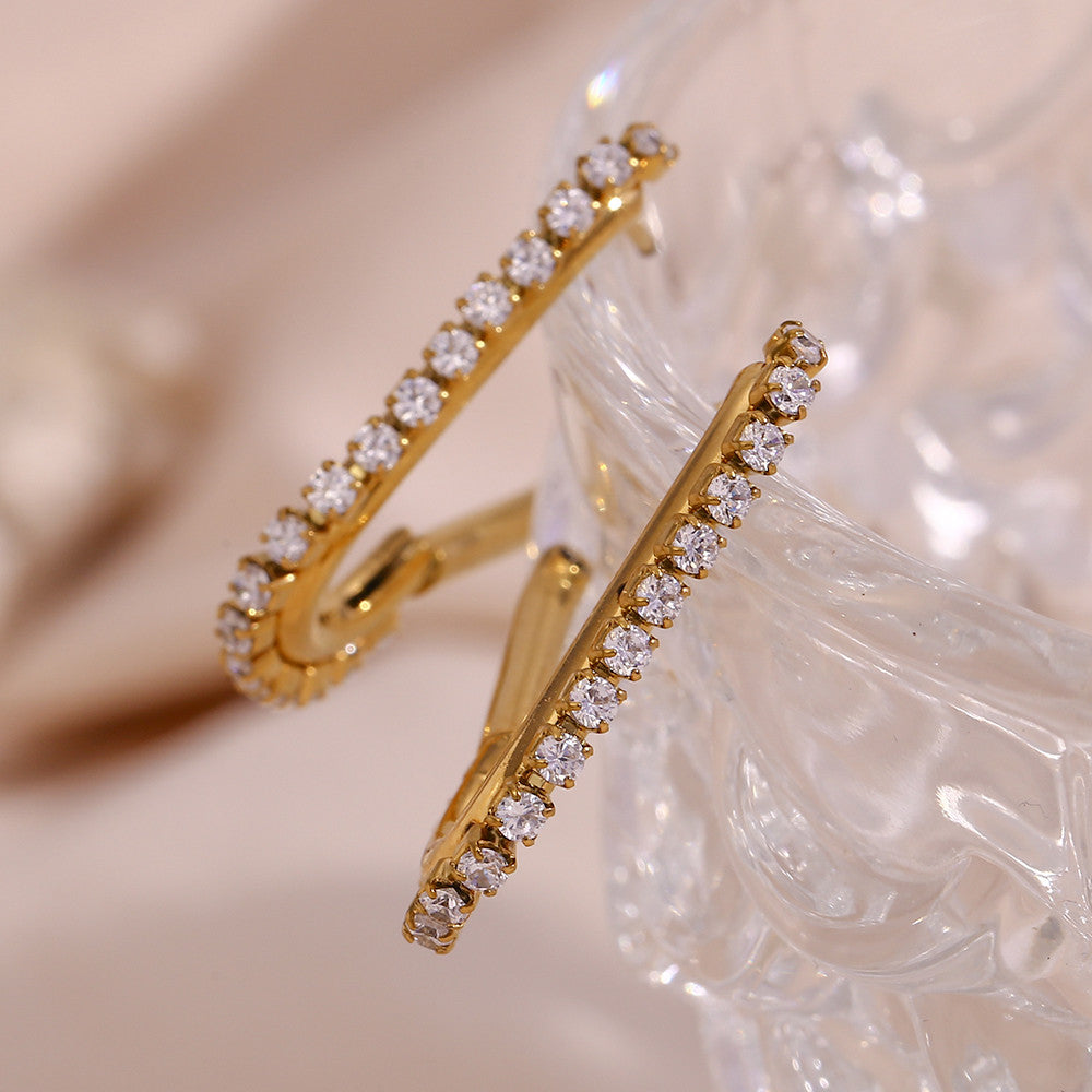18K Gold Waterproof Stainless Steel Clip Shaped Cubic Zirconia Side Paved Hoop Earrings