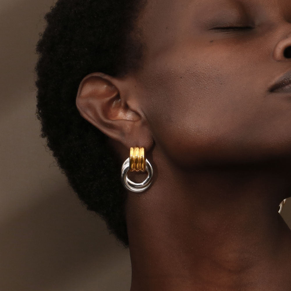 Ladies Classic Line Cross Circle Stud 18k Gold Tarnish Free Stainless Steel Earrings