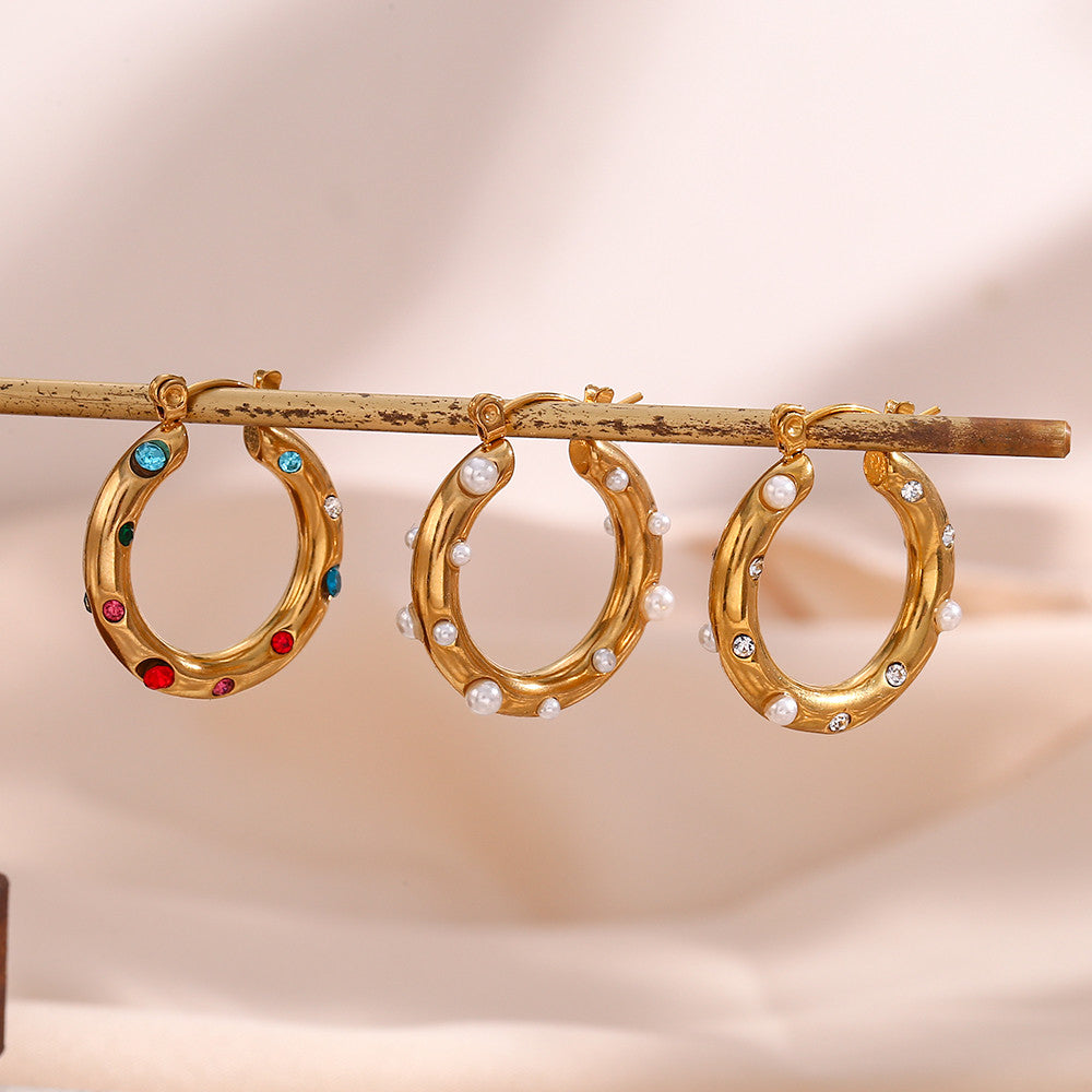 Waterproof 18k Gold  Colorful CZ Stone Pearl Paved Chunky 25MM Medium Size Hoop Earrings