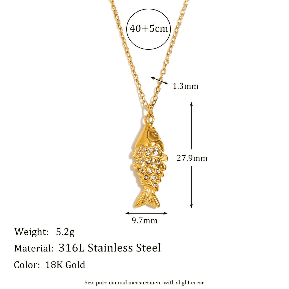 18k Gold Stainless Steel Rhinestone Koi Fish Waterproof Necklace Earring Jewelry Set