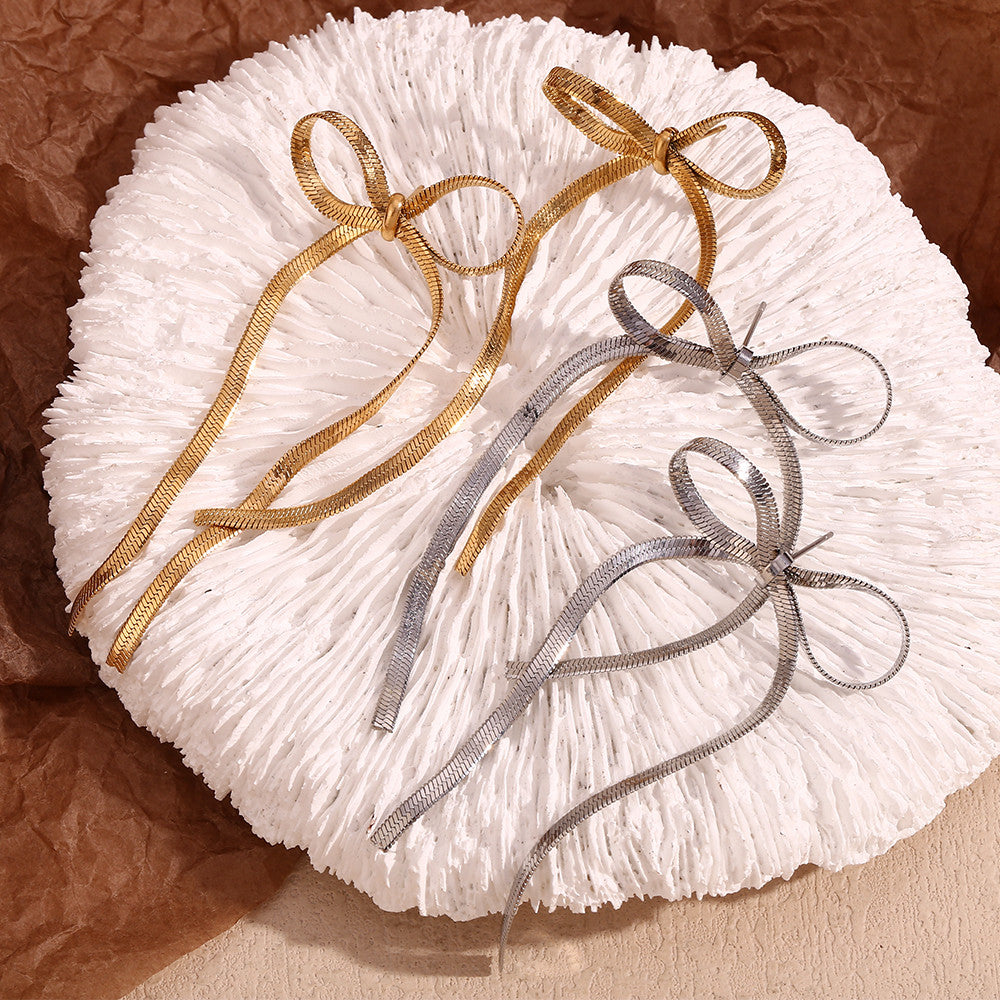 18k Gold Waterproof Blade Chain Bow Drop Stainless Steel Earrings Tarnish Free