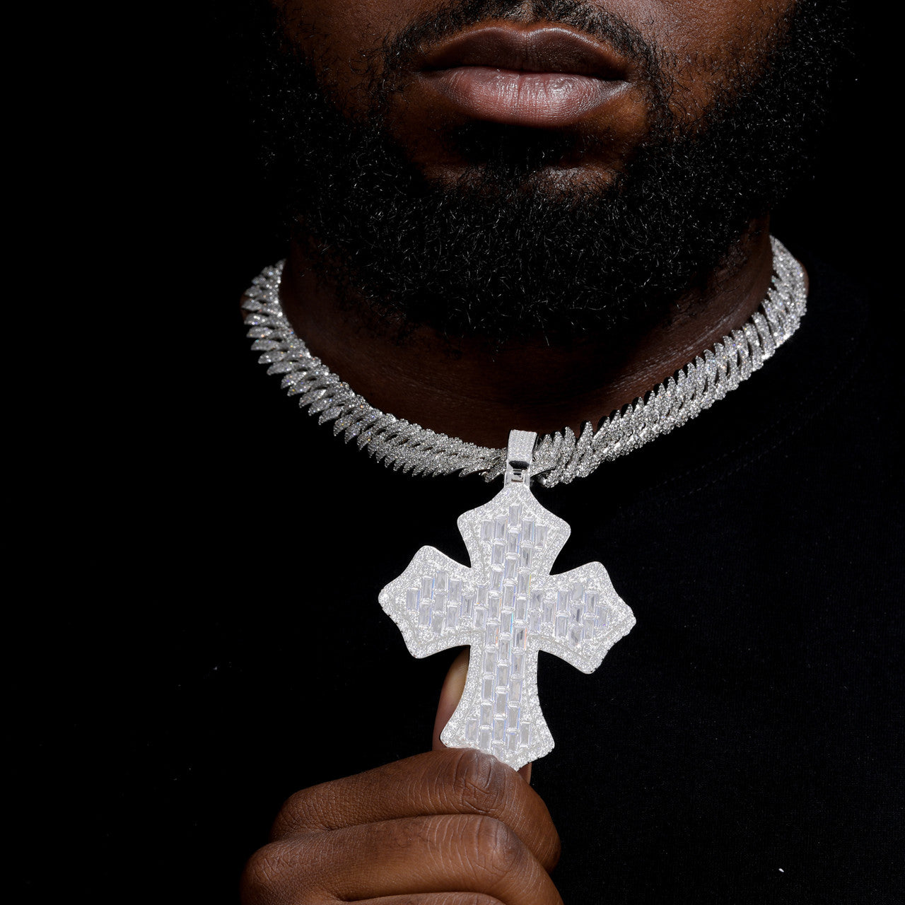 Cross Shield | Solid 925 Sterling Silver Moissanite Diamond Baguette Hip Hop Pendant