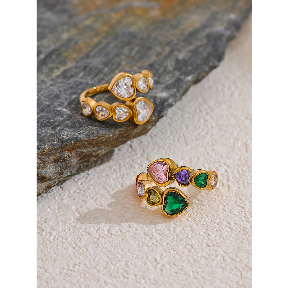 Ladies Cubic Zirconia Heart Stainless Steel 18k Gold Adjustable Fashion Open Ring