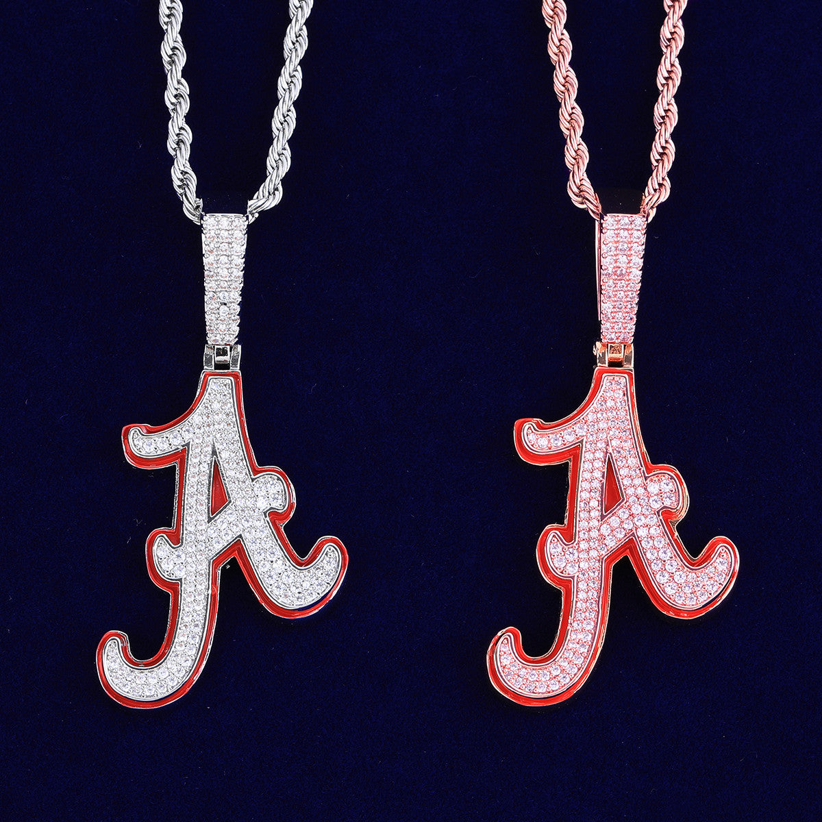 Initial A | Red Oil VVS Diamond CZ Hip Hop Cursive A Prong Set Stone Pendant