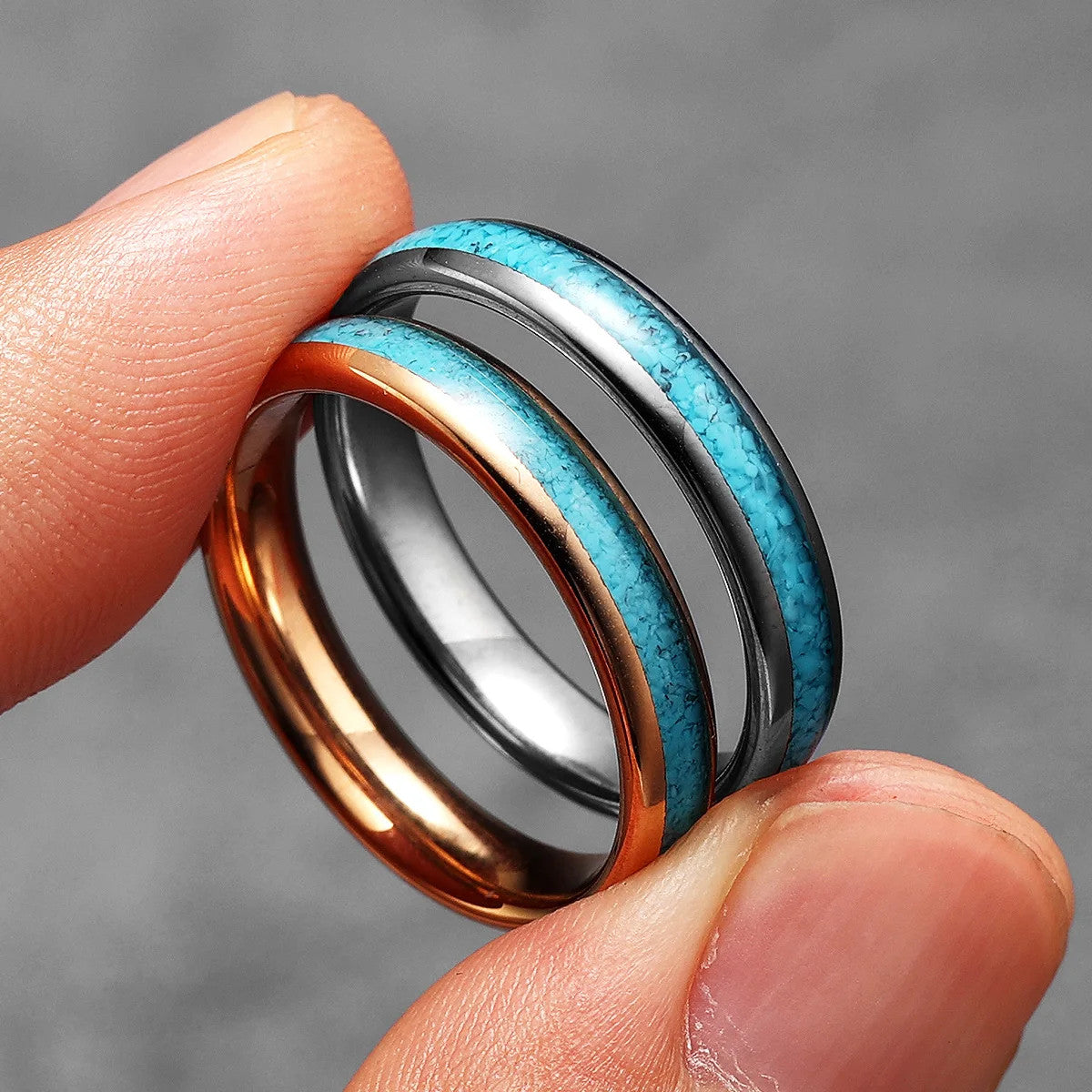 Ocean | 14k Gold Turquoise Tungsten Steel Lovers Couples Rings
