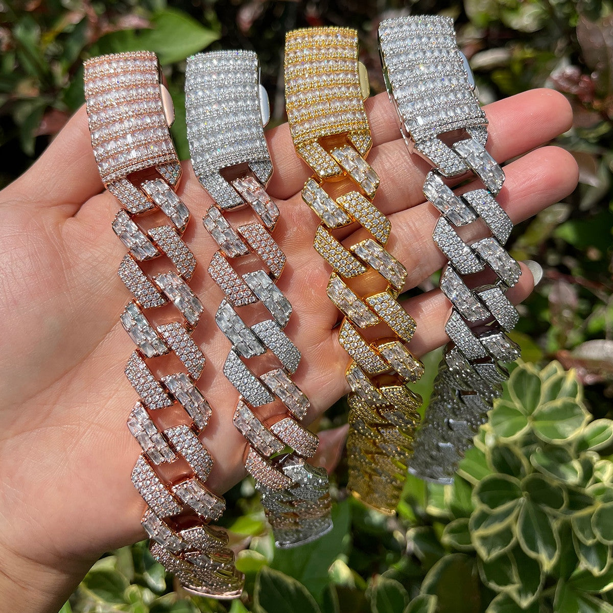 Mens Half Baguette Half Pave Flooded Ice Cuban Link Hip Hop Bracelets