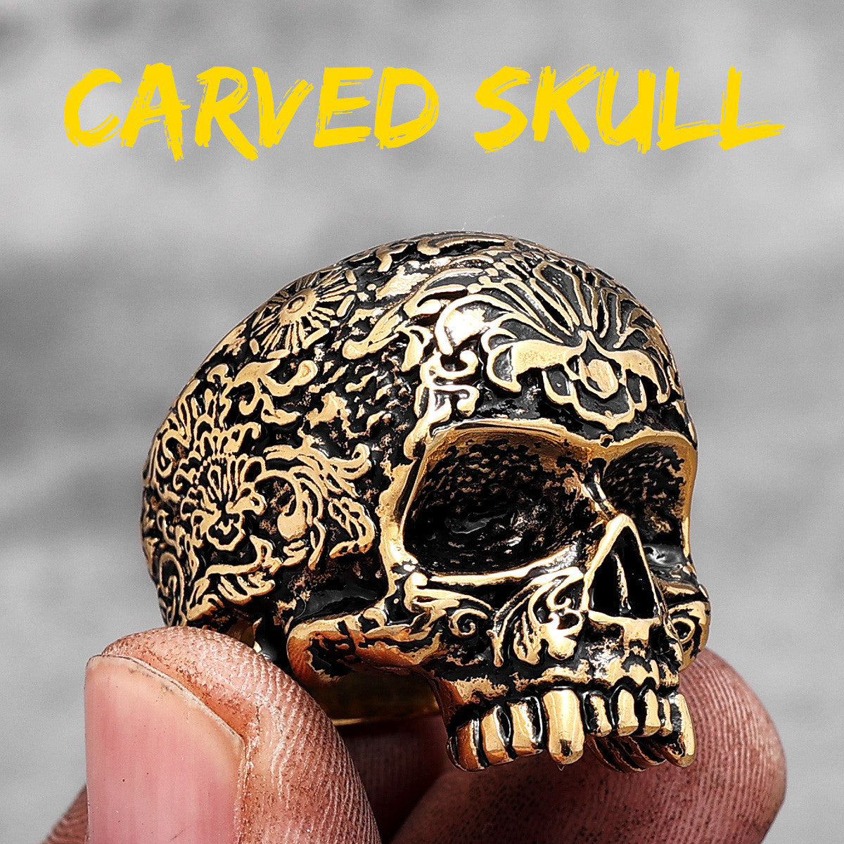 Mens Vintage Vampire 316L Stainless Steel Street Wear Carved Skull Rings