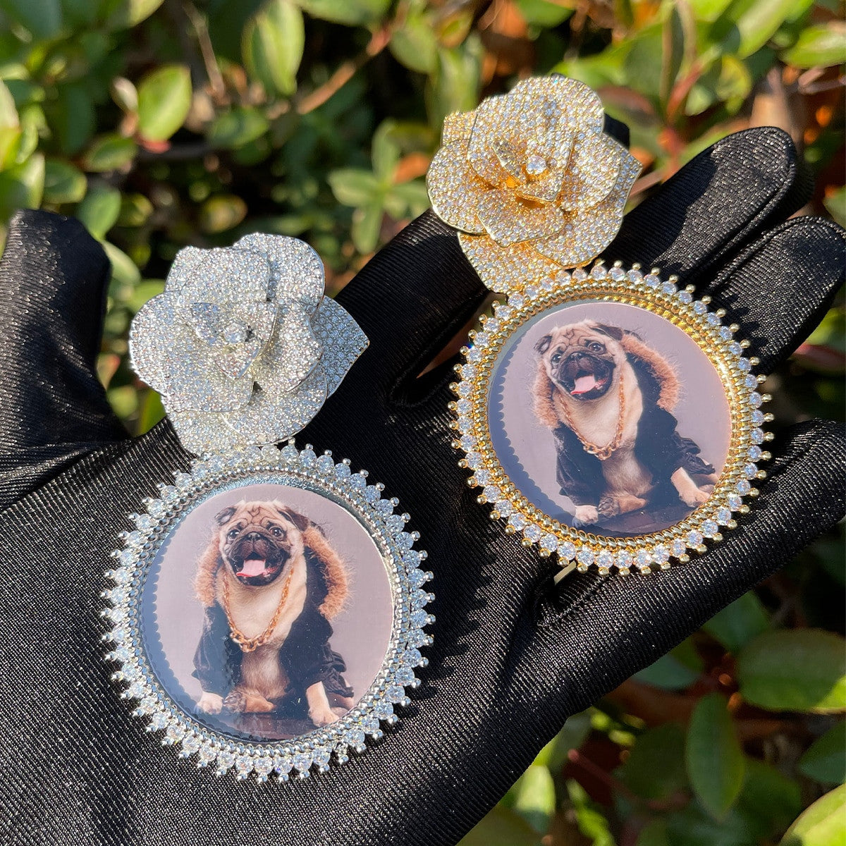 Custom Made Rose Heart Bail Prong Set Stone Photo Picture Pendant Chain Necklace