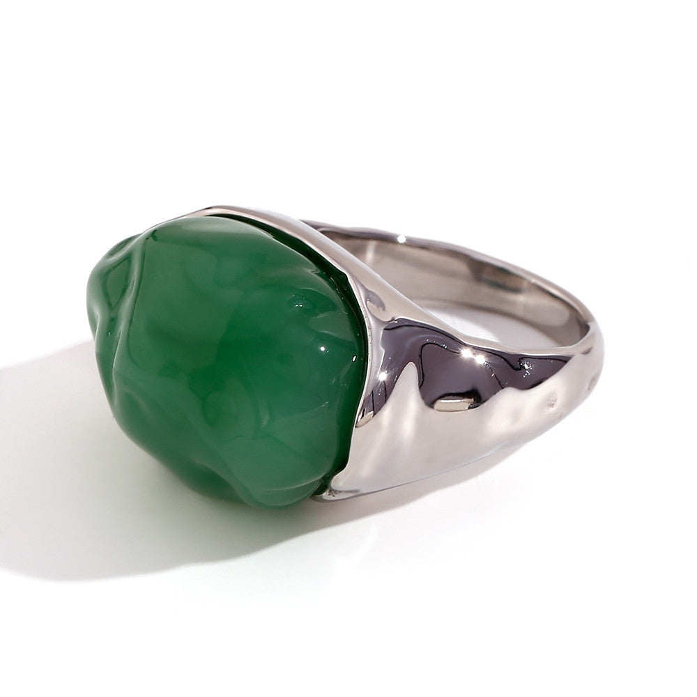 Ladies Oval Amazonite White Jade Heart 18k Gold Waterproof Stainless Steel Rings