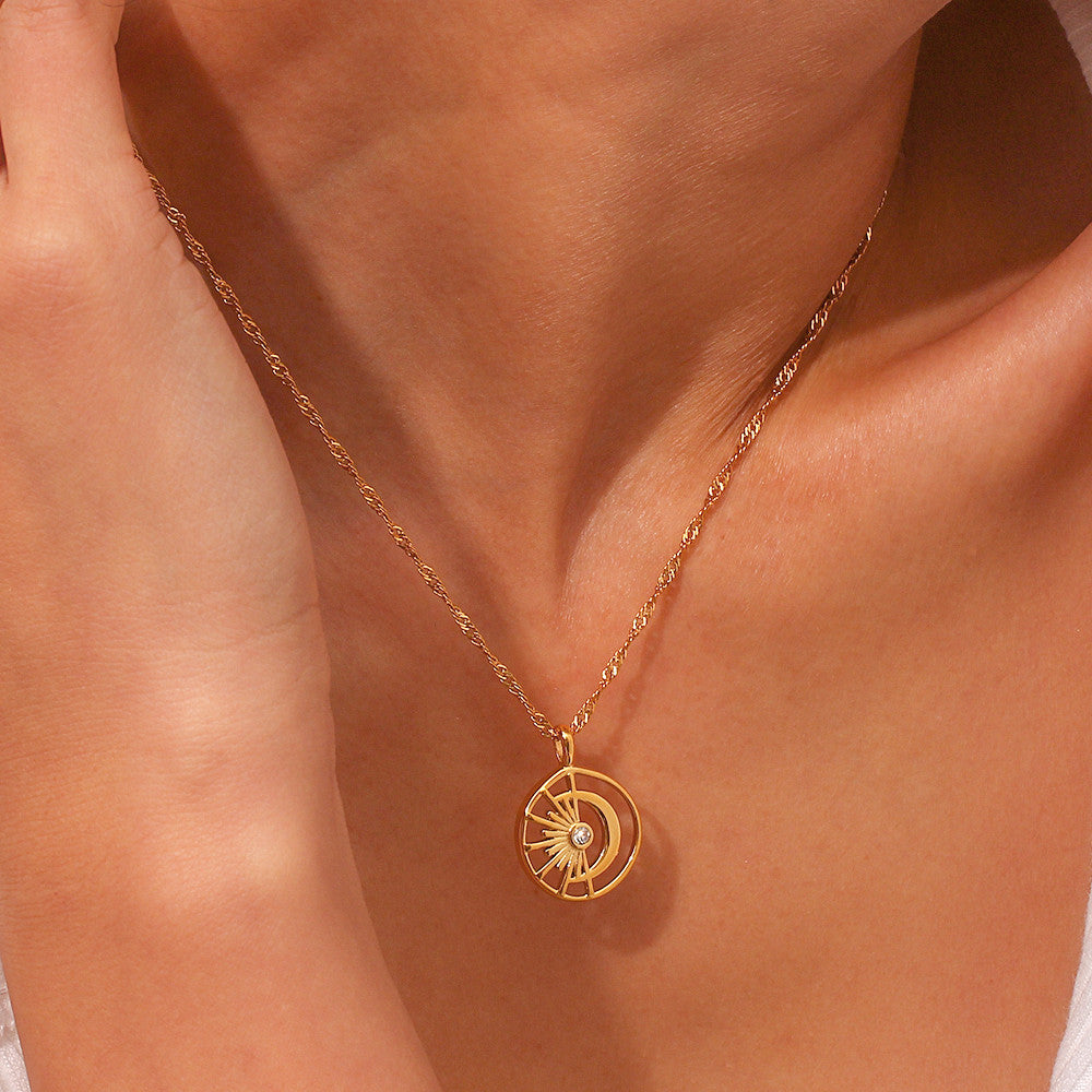 Waterproof Crystal Filled Hollow Crescent Moon Sun 18k Gold Stainless Steel Pendant