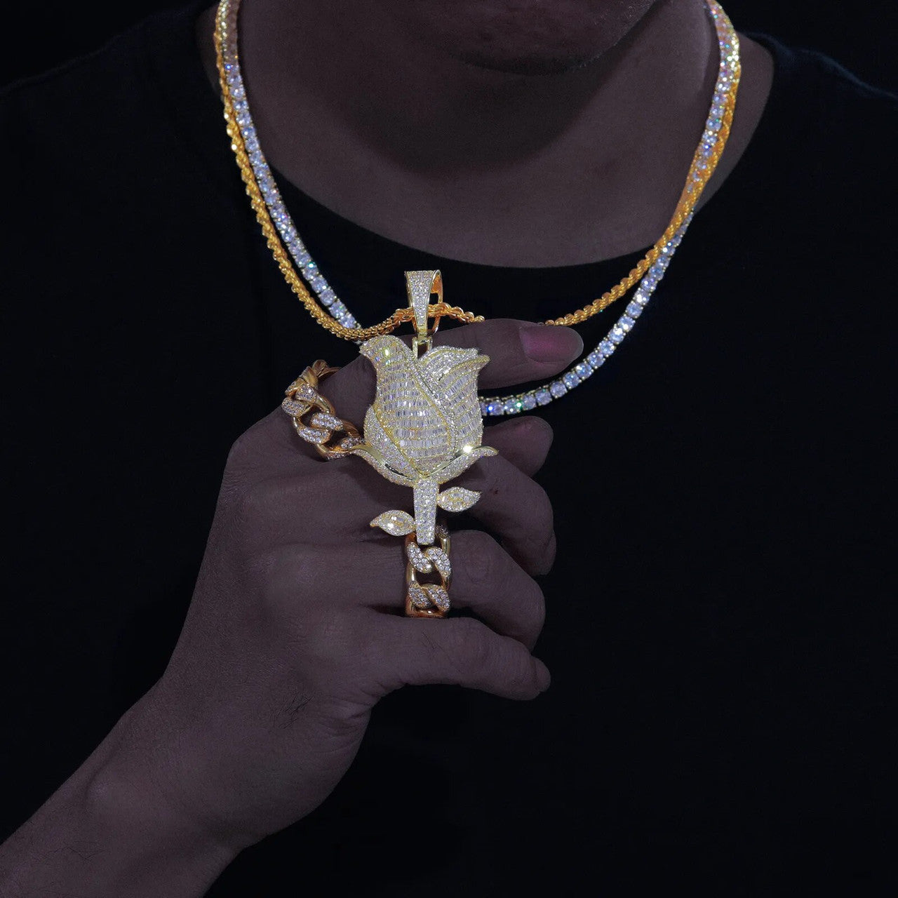 Iced Blossom | Moissanite Diamond Solid Sterling Silver Baguette & Round Stone Rose Pendant