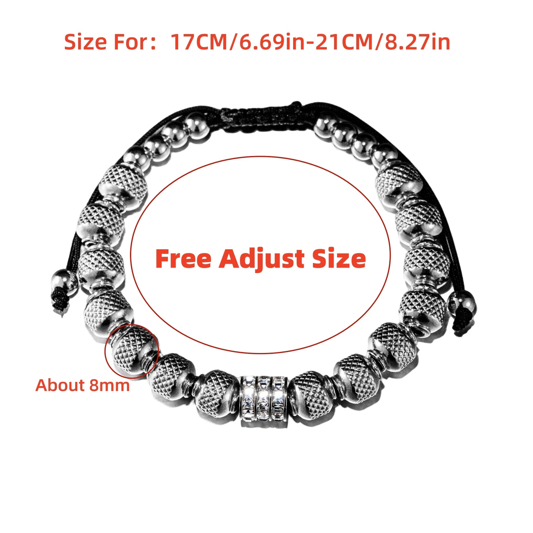 Men&#39;s Iced Blinged Out Luxury 8MM Stainless Steel Round Bead Adjustable Bracelet