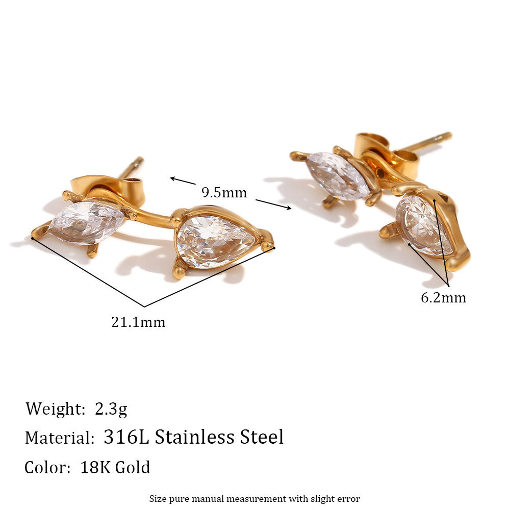 Oval Teardrop 18k Gold Zircon Stone Water Resistant Stainless Steel Bling Earrings