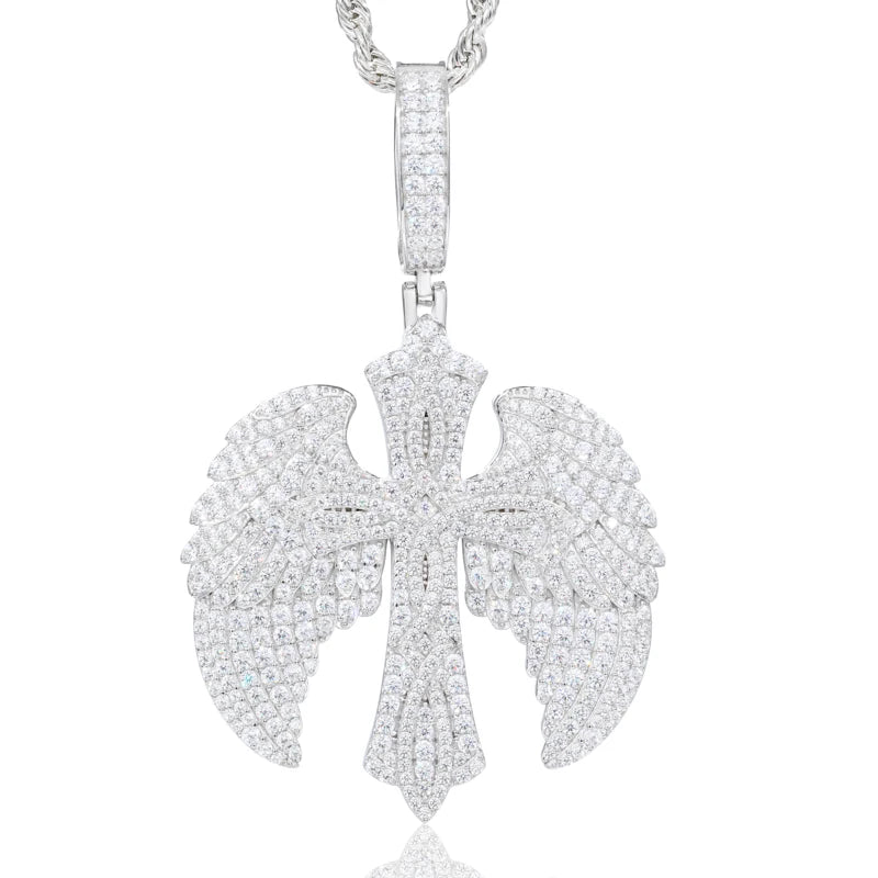Wings Of Love | Iced Blinged Out 925 Sterling Silver Winged Cross Hip Hop Moissanite Pendant