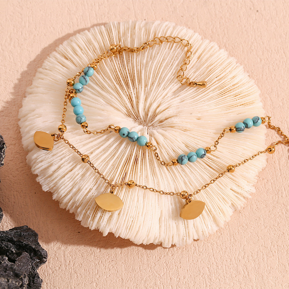 Ladies Waterproof Tarnish Free 18k Gold All Seeing Eyes Blue Turquoise Stone Ankle Bracelet