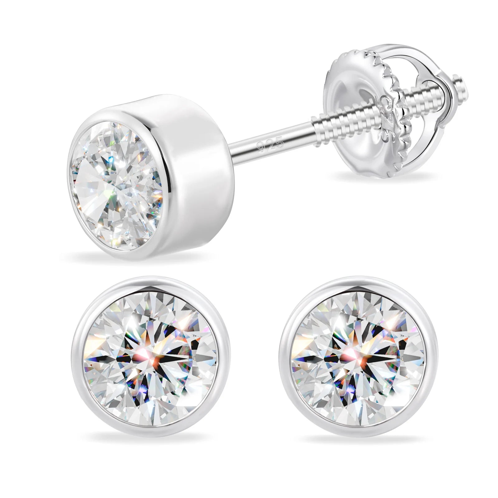 The Bezel | Round Moissanite Diamond Stud Bezel Set Solid 925 Screw Back Earrings