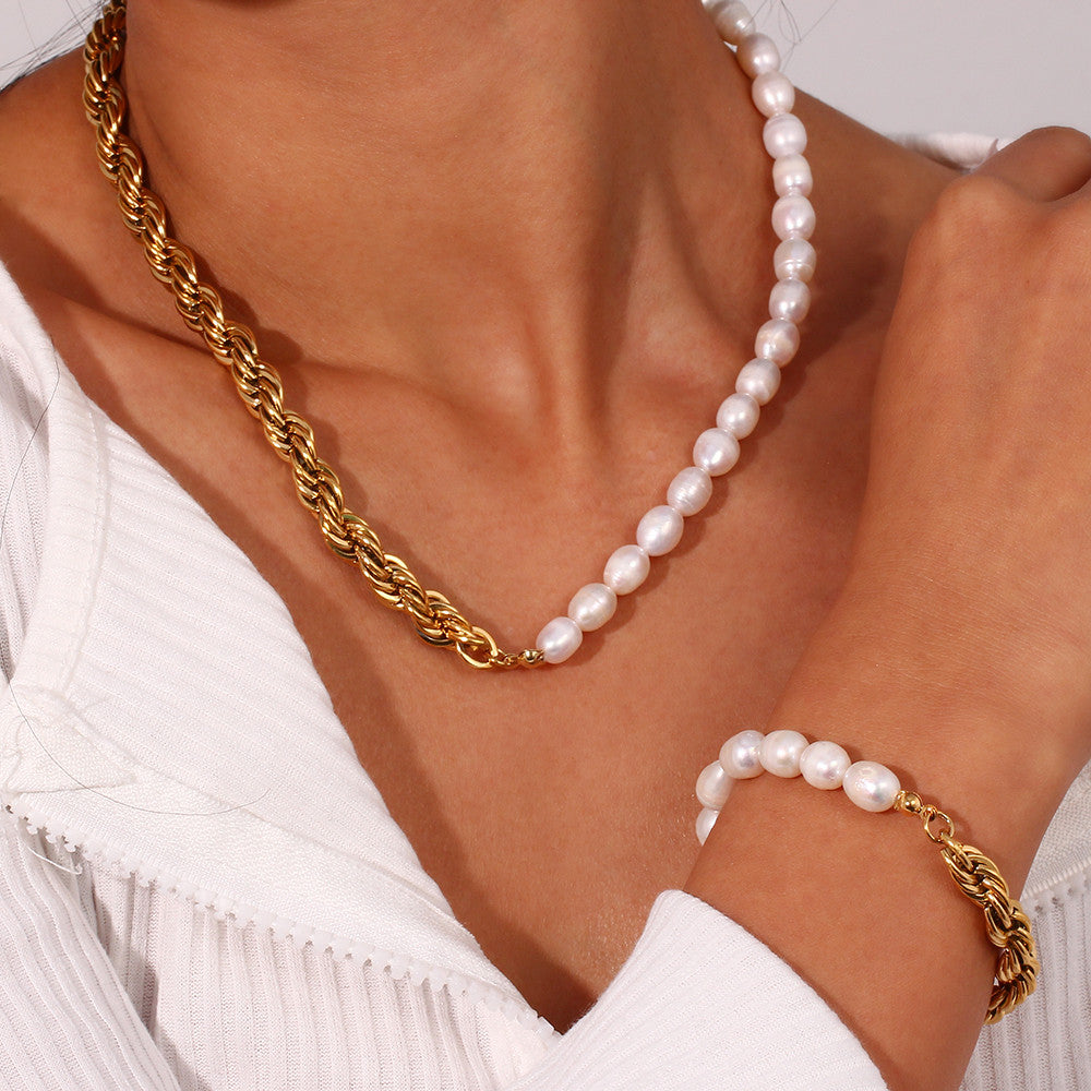 Ladies Bold Twisted Rope Chain Freshwater Pearl Chunky Necklace Bracelet Sets
