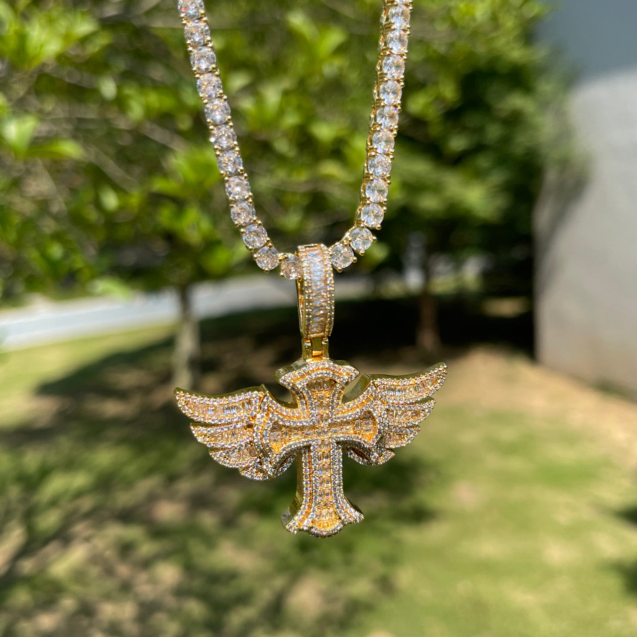 The Savior | VVS Diamond CZ Prong Set Winged Cross Iced Blinged Out Pendant
