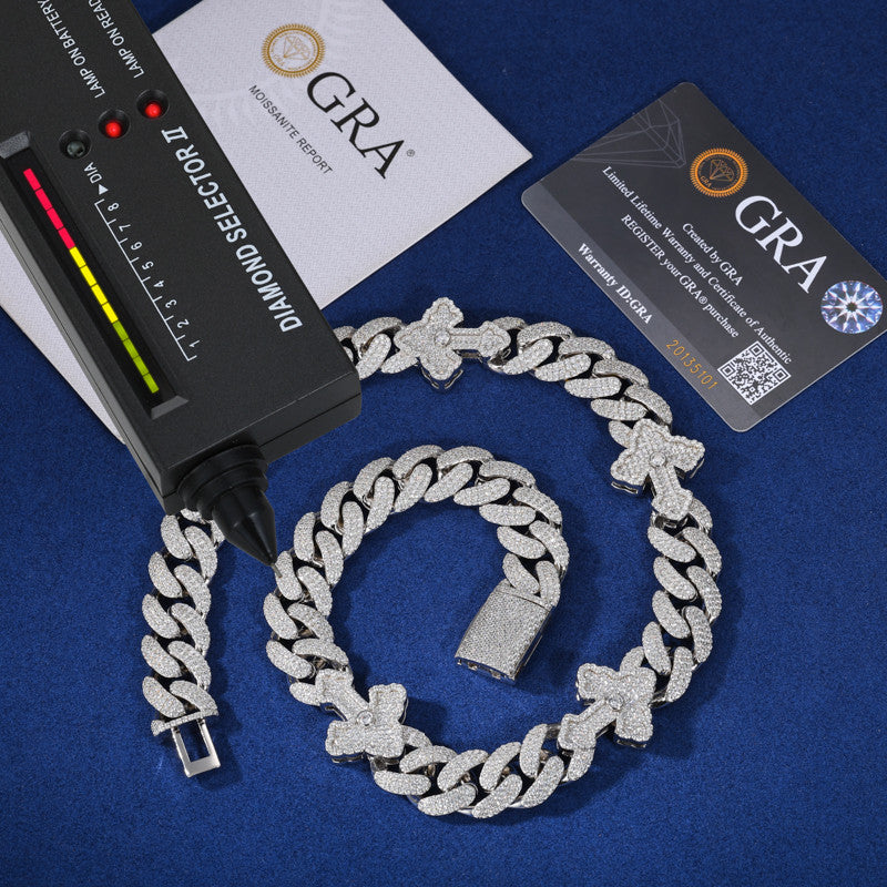 Mens Iced Blinged Out Hip Hop S925 VVS Diamond Moissanite Cross Cuban Link Chain