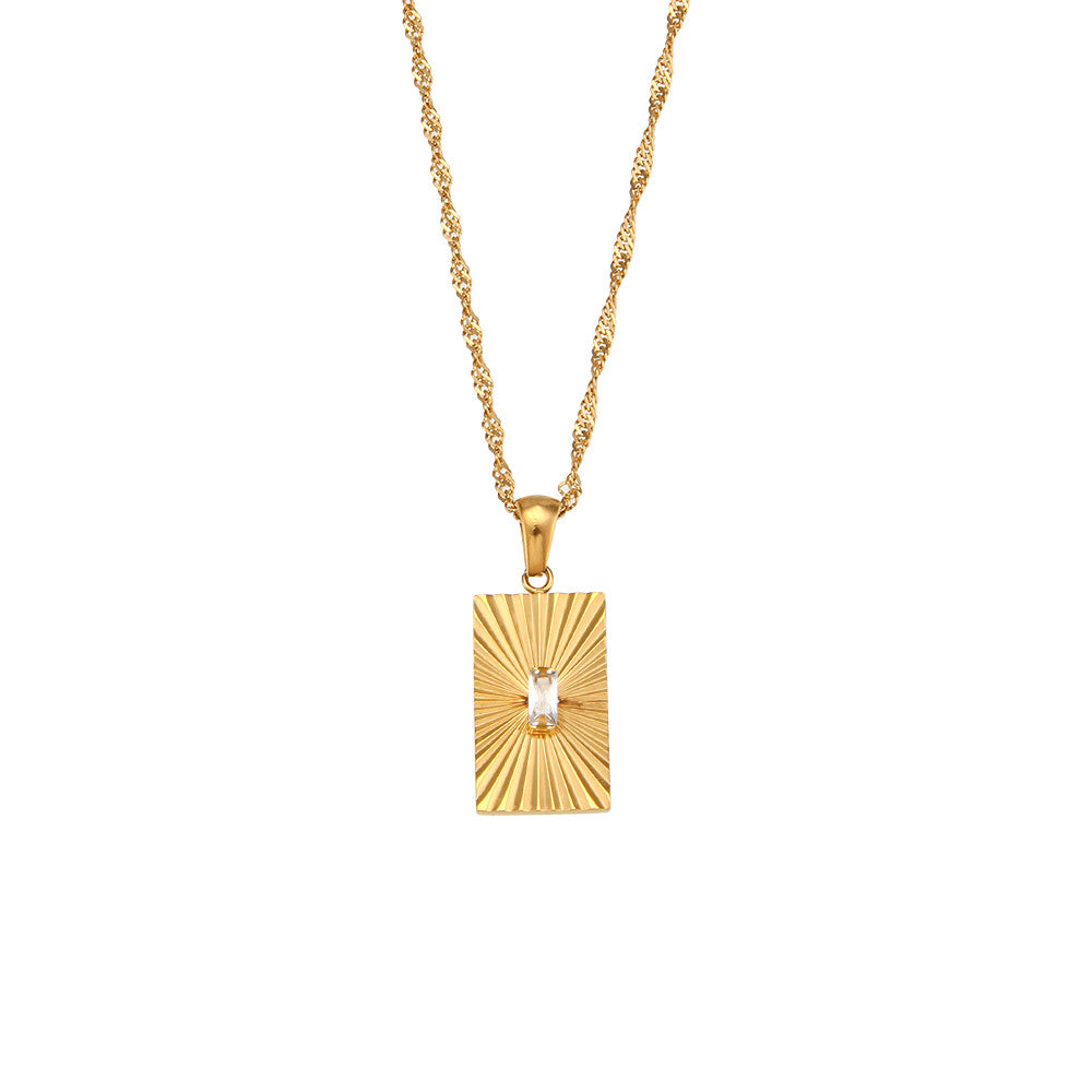 Sunburst 18k Gold Over Stainless Steel Waterproof Rectangle 316L Chain Necklace