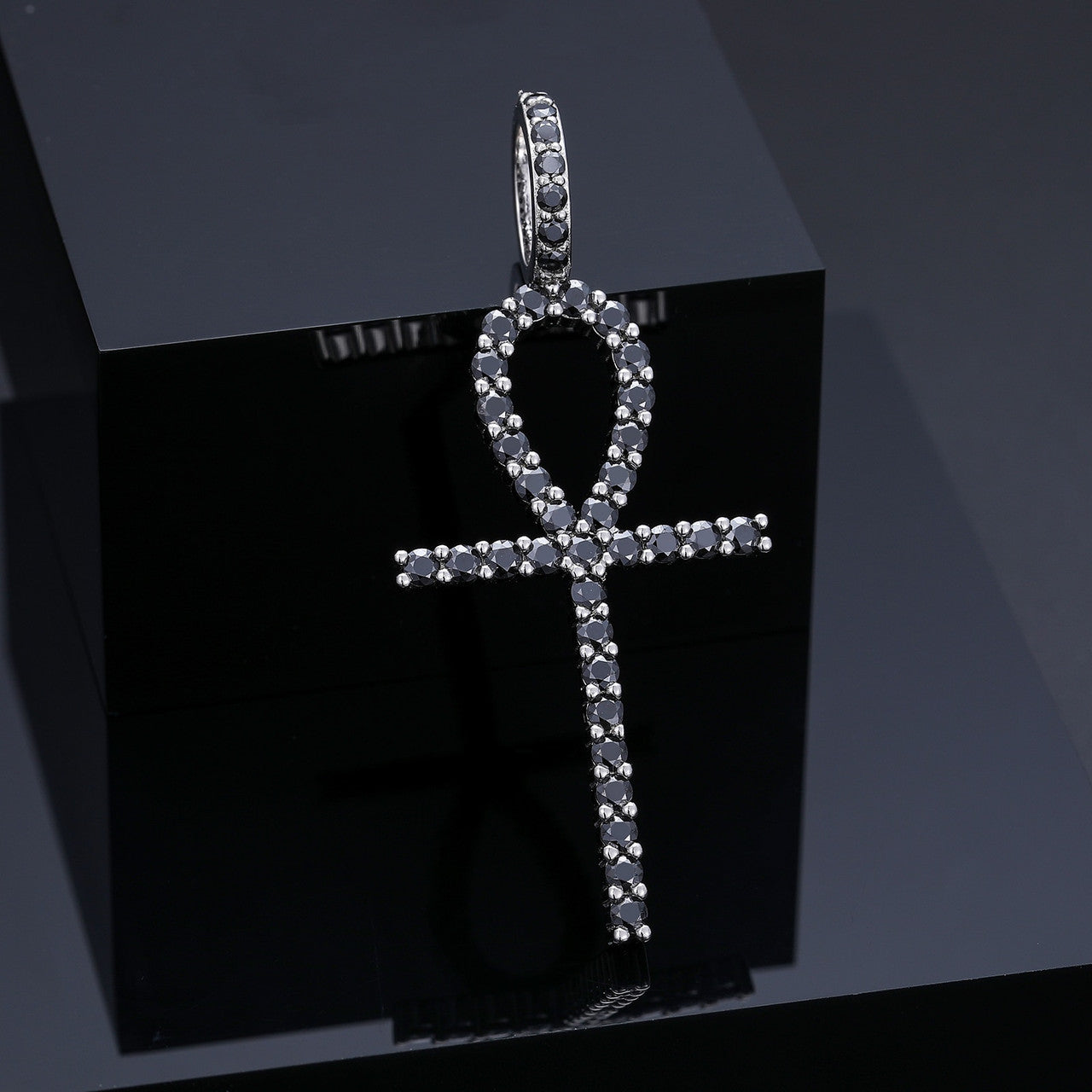 925 Sterling Silver Genuine VVS Black Diamond Hip Hop Ankh Cross Pendant Necklace