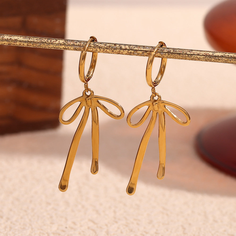 Ladies Cute Long Bow 18k Gold No Fade Waterproof Tarnish Free Hoop Dangle Earrings