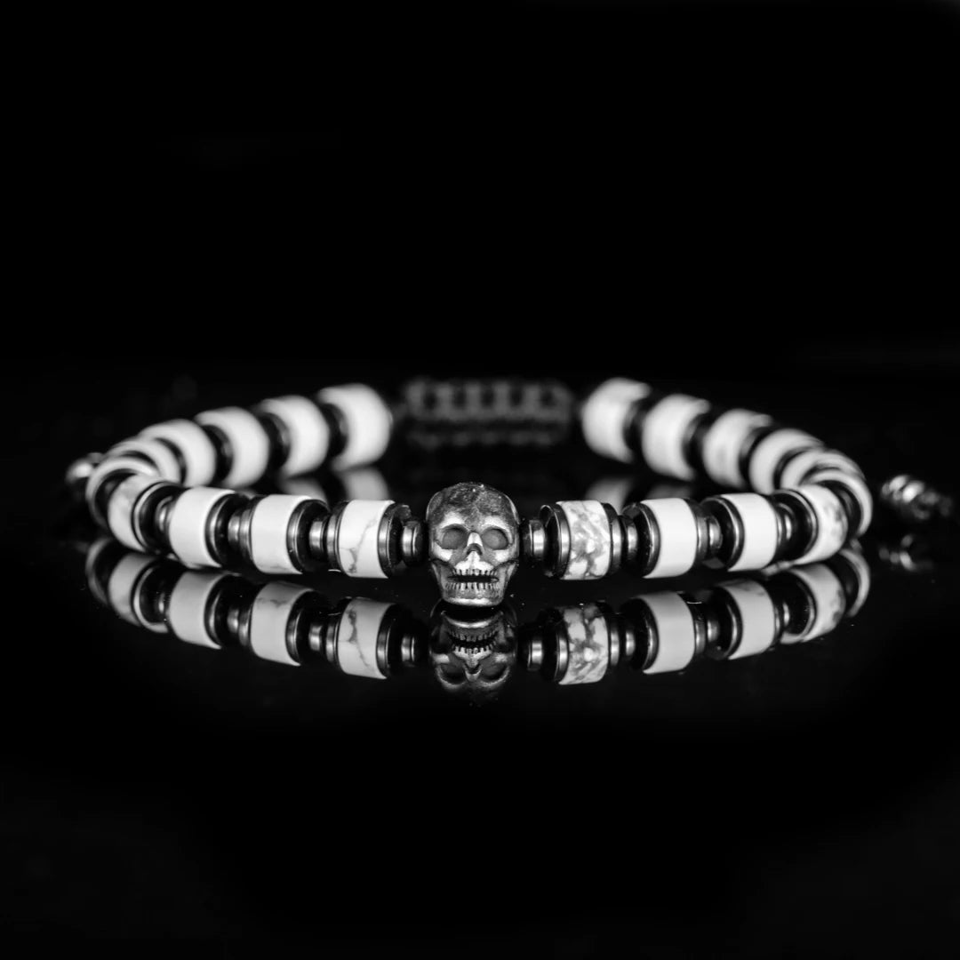 Secret Society II | Men's Natural Stone Beaded No Fade Stainless Steel Skull Bracelet
