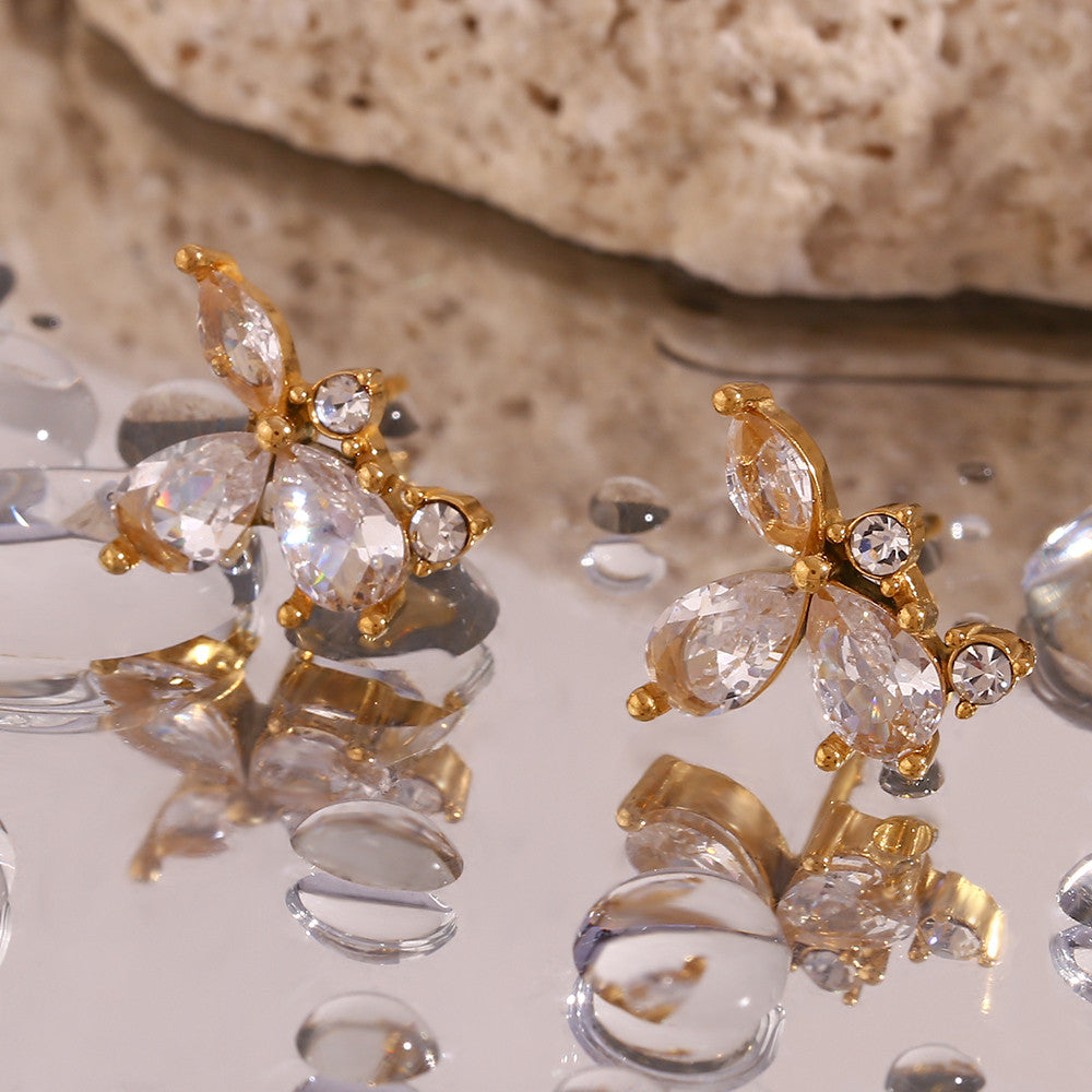 Elegant Flower Leaf 3A Cubic Zirconia 18k Gold Waterproof Stainless Steel Stud Earrings