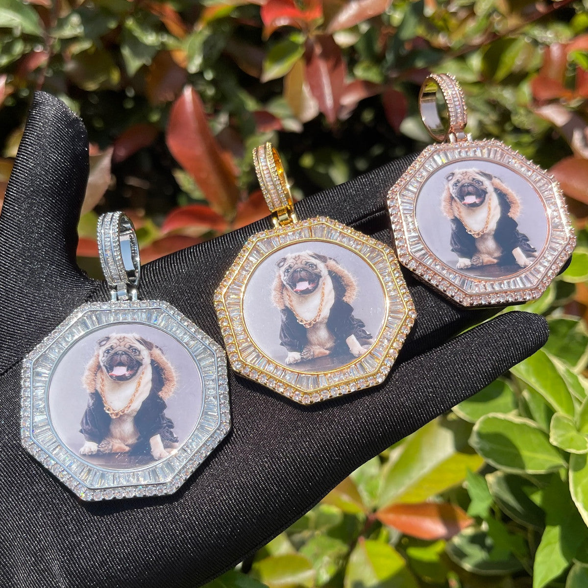 Iced Baguette Blinged Out Octogon Photo Picture Chain Memory Hip Hop Necklace