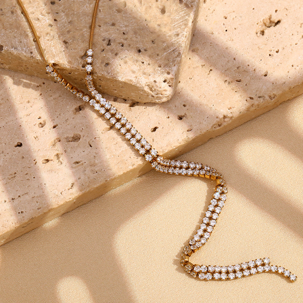 Ladies 18k Gold Stainless Steel Waterproof Snake Chain Y-shaped Zircon Flow Velocity Necklace thumbnail