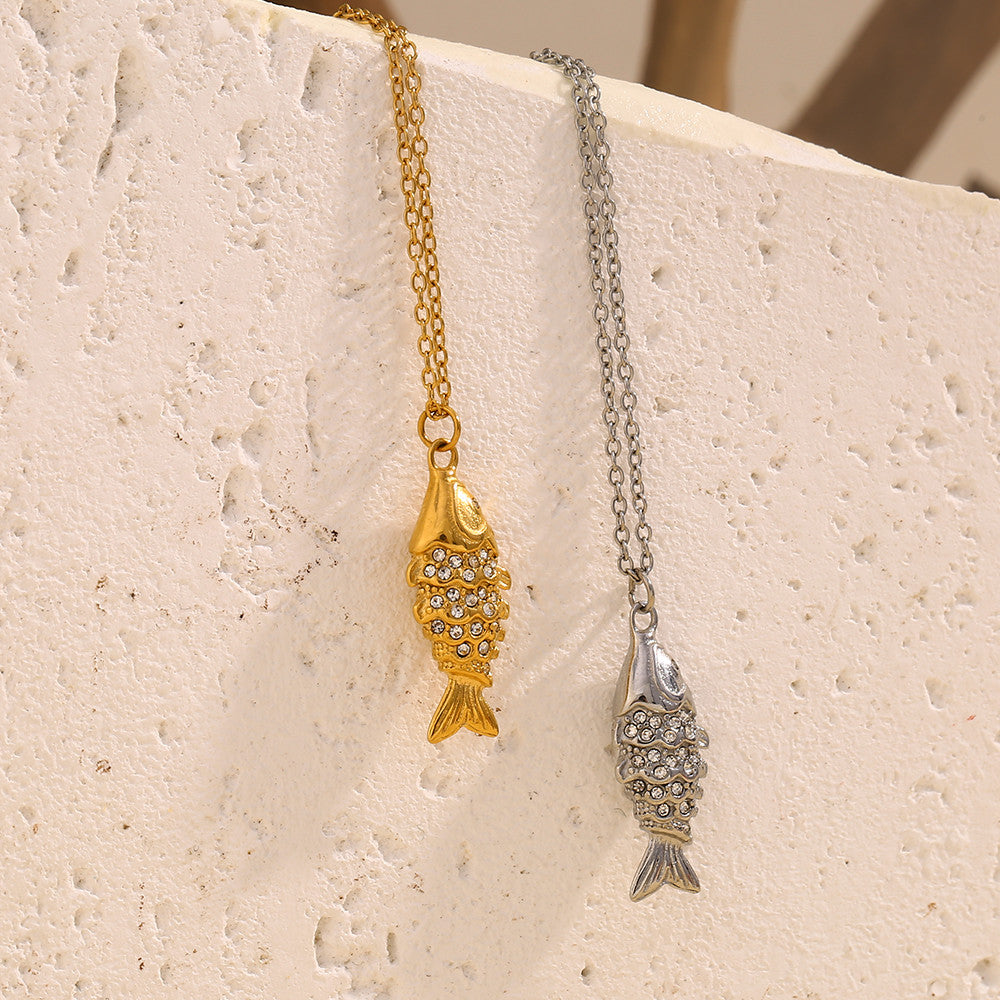 18k Gold Stainless Steel Rhinestone Koi Fish Waterproof Necklace Earring Jewelry Set
