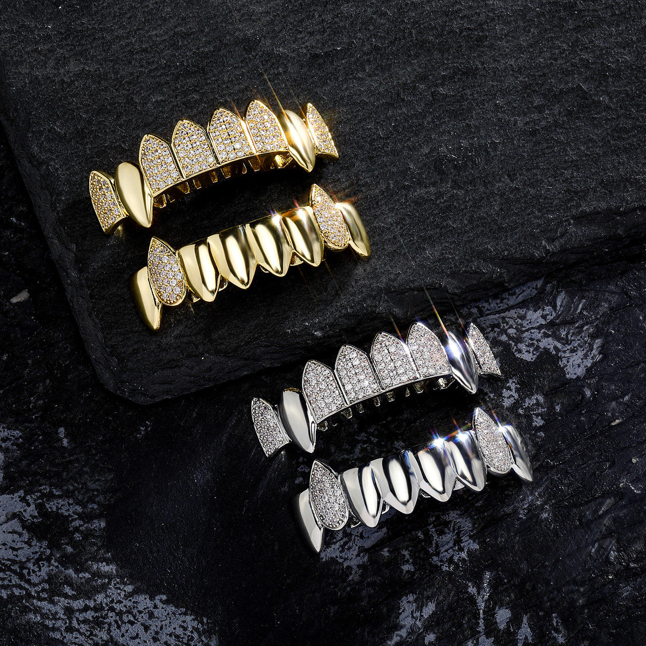 Fanged Ice | Hip Hop VVS Diamond Stone Mouth Teeth Grillz Caps Set