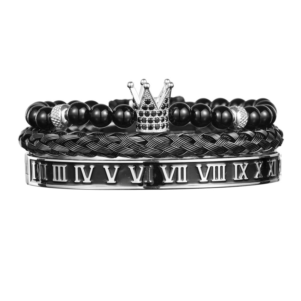 Imperial Force | Luxury Kings Crown 18k Gold Black Stainless Steel Bracelet 3 Piece Set