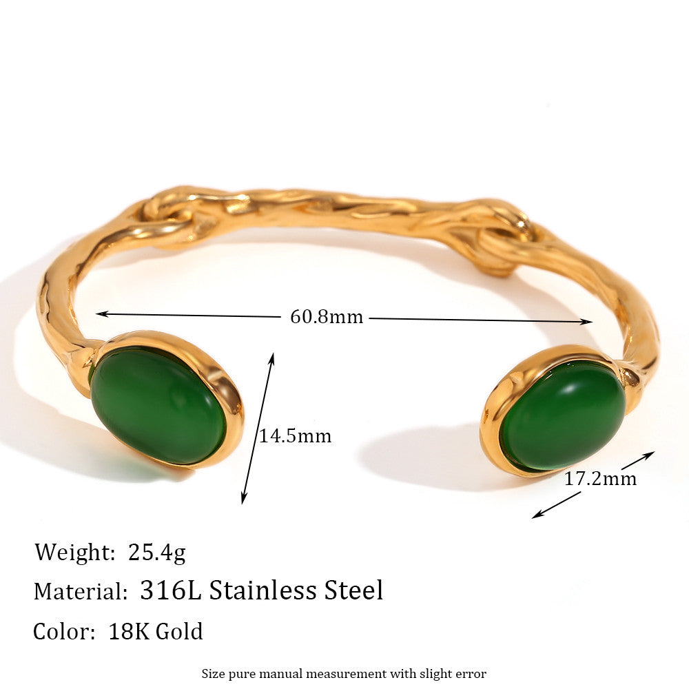 18k Gold Stainless Steel Oval Natural Stone Open Irregular Green Agate Crystal Bracelets