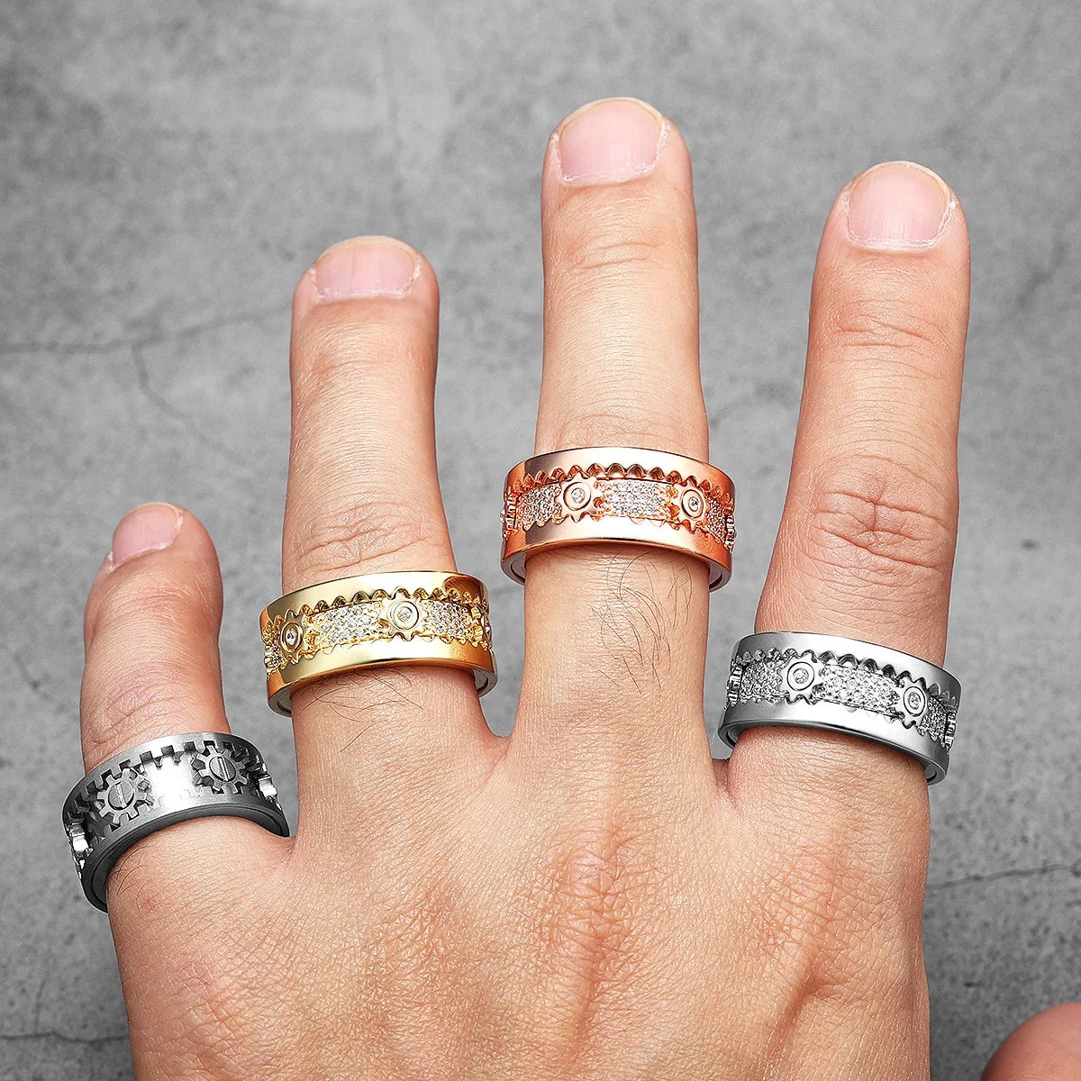 Rotating Gems | Iced Blinged Out Spinning Gears Gemstone No Fade Stainless Steel Rings