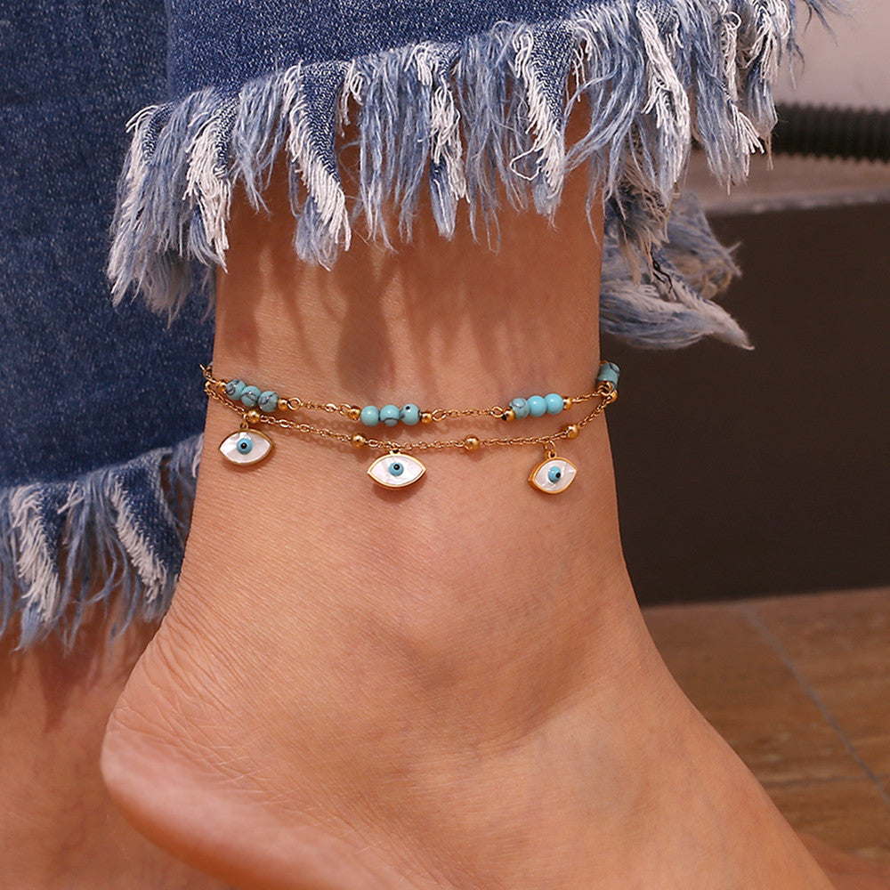 Ladies Waterproof Tarnish Free 18k Gold All Seeing Eyes Blue Turquoise Stone Ankle Bracelet