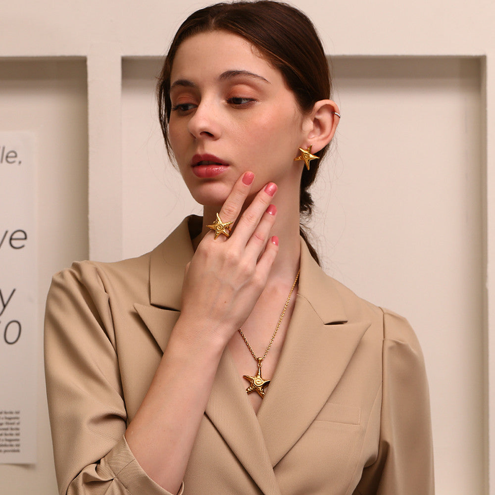 Ladies 18k Gold Starfish Necklace Earrings Ring Waterproof Stainless Steel Jewelry Set