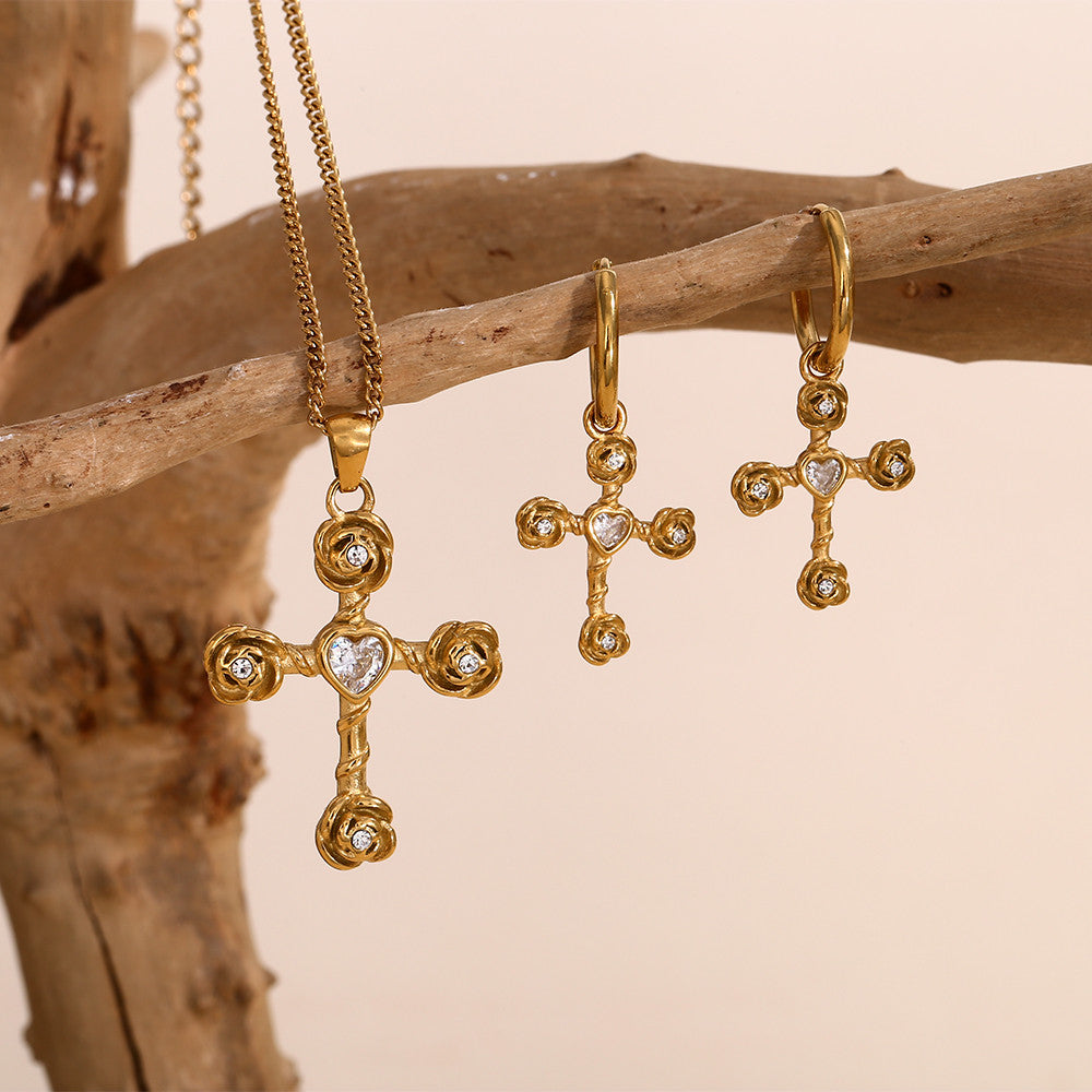 18k Gold Stainless Steel White CZ Rose Cross Necklace Earring Flower Jewelry Set