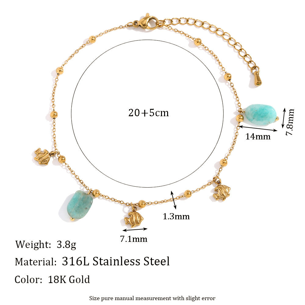 18k Gold Waterproof Cute Clown Fish Natural Amazonite Stone Anklets Ankle Bracelet